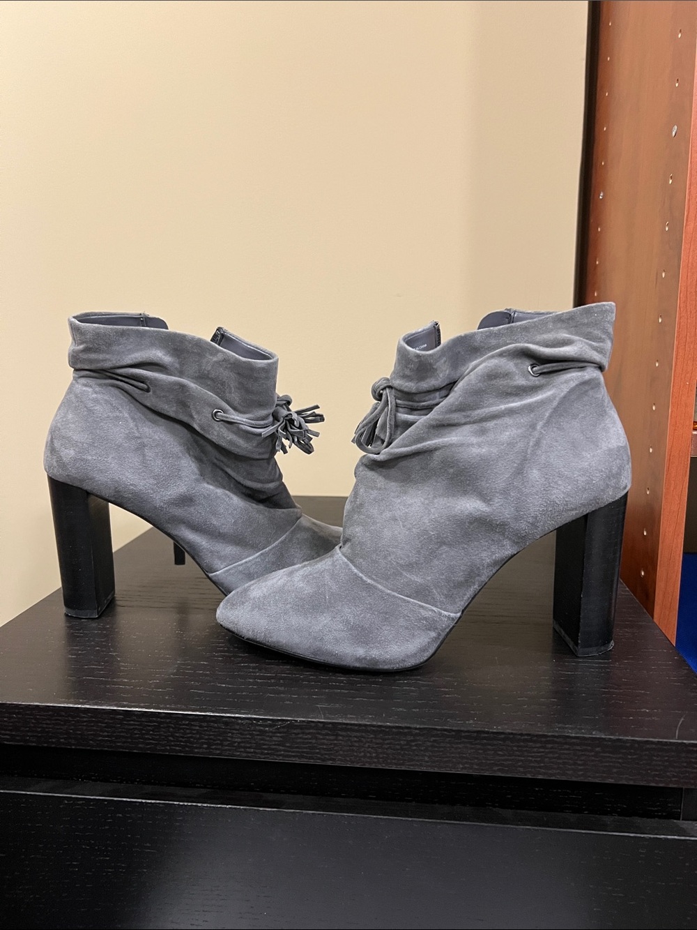 White House Black Market Gray Suede Slouch Ankle Booties